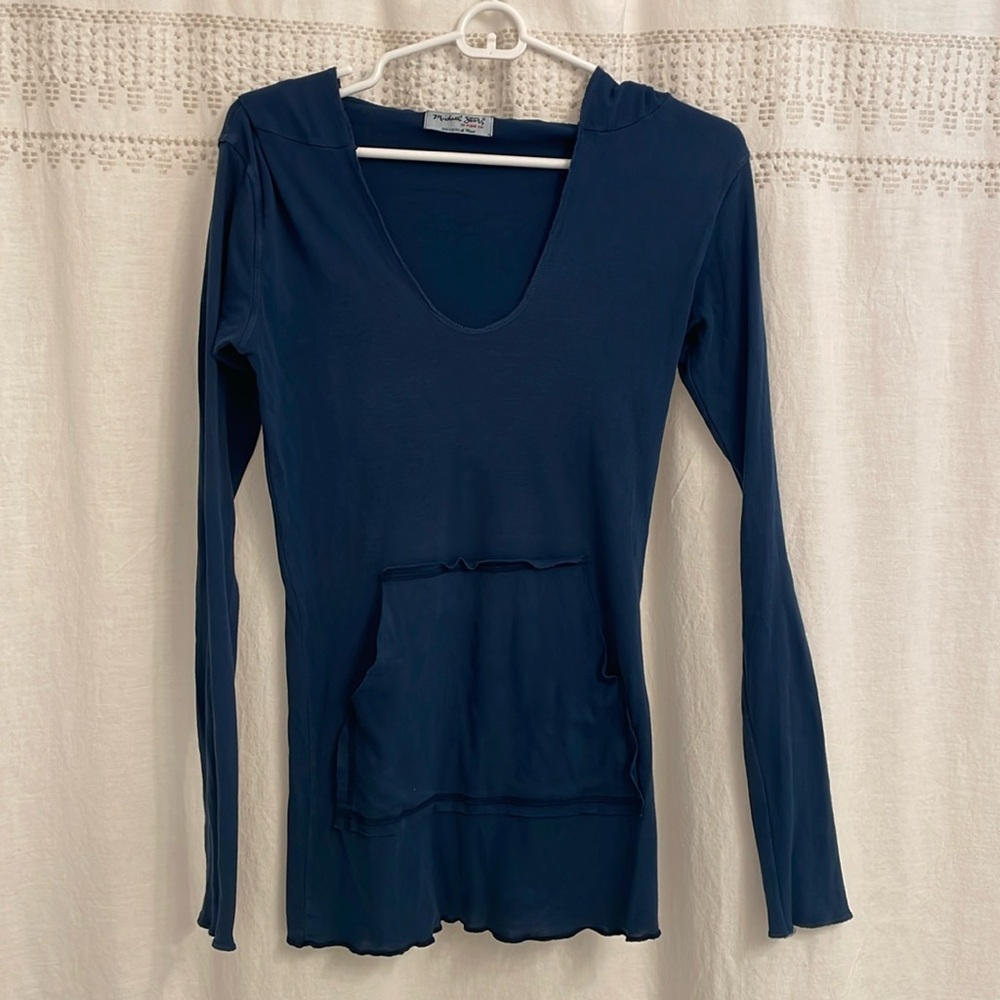 Michael Stars Hooded 2 Pocket Long Sleeve Shirt - One Size Fits Most - Blue